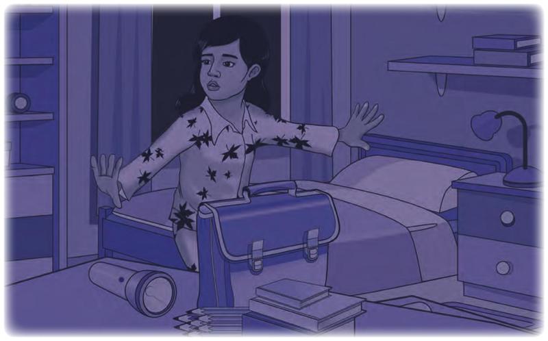 Linda in a dark room reaches out her hands to find a torch on the floor