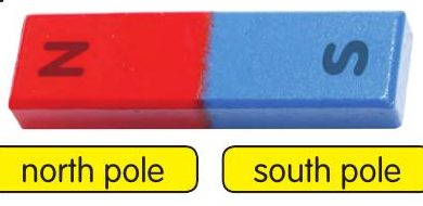 A bar magnet with the north pole N on the red end and the south pole S on the blue end