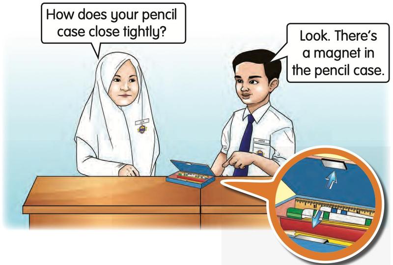 A girl and a boy look at a pencil case that has a magnet inside