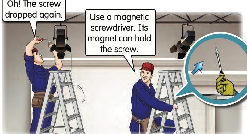 A worker on a ladder uses a magnetic screwdriver to hold a screw