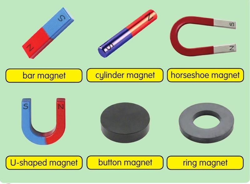 Six magnets: bar, cylinder, horseshoe, U-shaped, button and ring