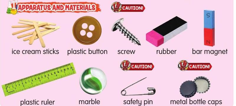 Objects to test with a magnet: ice cream sticks, plastic button, screw, rubber, bar magnet, plastic ruler, marble, safety pin and metal bottle caps