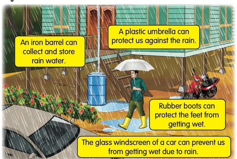 A man with a plastic umbrella and rubber boots walks in the rain; an iron barrel collects rain water