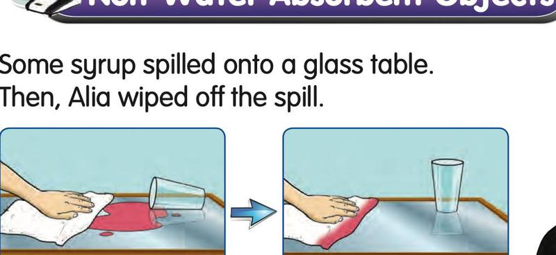 Syrup is spilled on a glass table, then Alia wipes it up and the table is dry