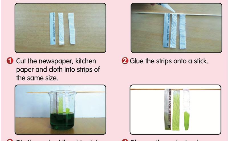 Strips of newspaper, kitchen paper and cloth are glued to a stick and dipped in coloured water