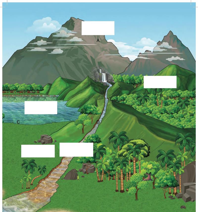 Mountains, hills, a lake and a river; four landforms are marked A, B, C and D