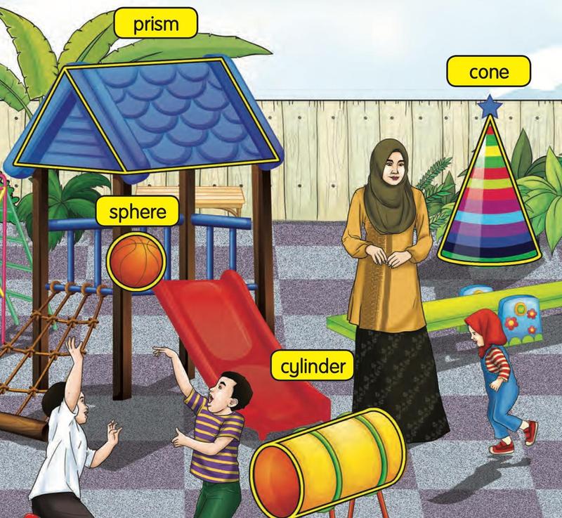 A playground with a prism-shaped roof, a sphere ball, a cylinder tunnel and a cone