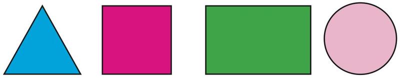 A blue triangle, a pink square, a green rectangle and a pink circle, without names