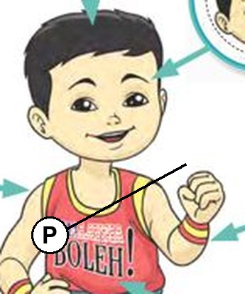 Seorang budak lelaki mengepal tangan kanannya; huruf P ditanda dengan garis ke tangan itu