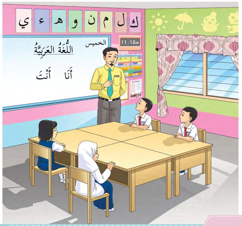 Seorang guru di dalam kelas sedang bercakap dengan tiga murid yang duduk di meja. Di papan tulis ada perkataan ana dan anta