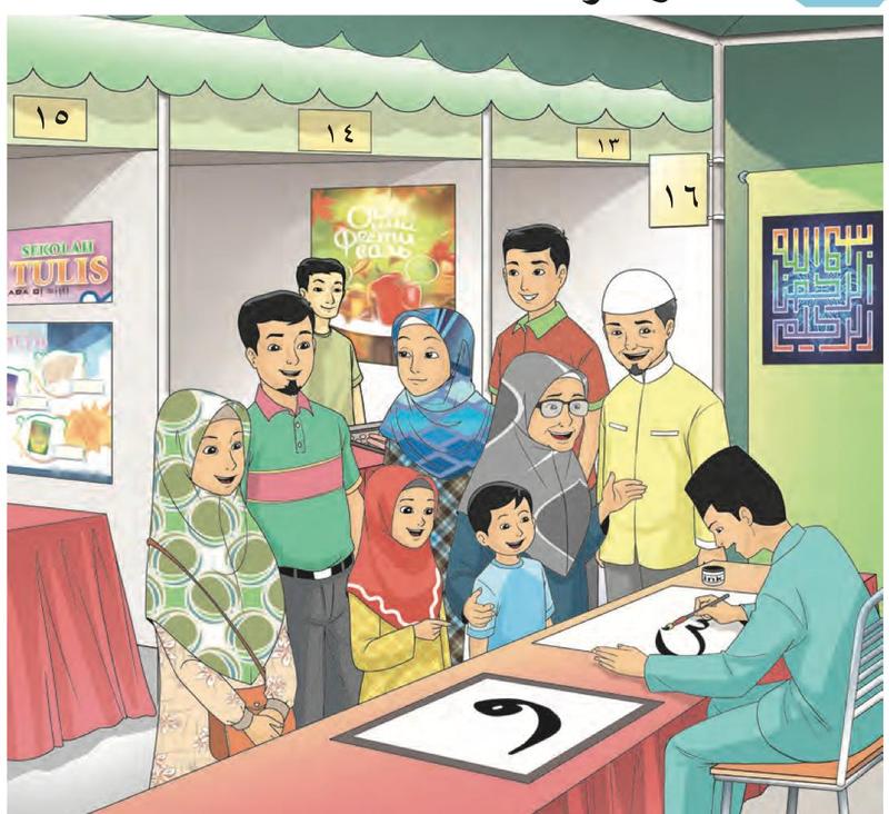 Sebuah keluarga melawat gerai pameran. Di atas gerai ada nombor 13, 14, 15 dan 16