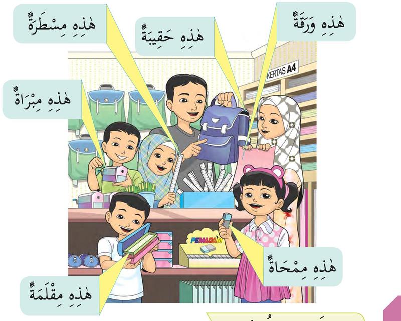 Kedai alat tulis dengan murid dan pelanggan; setiap barang ada label hadhihi, seperti hadhihi haqibah dan hadhihi mimhat