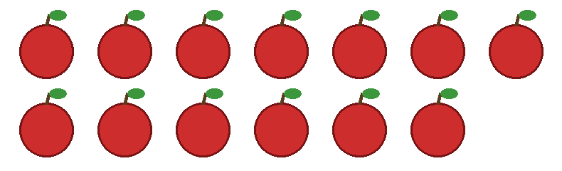 Thirteen red apples in two rows: seven in the top row and six in the bottom row