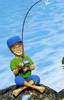A boy sitting on a rock with a long fishing rod