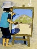 Picture 1: a boy painting a picture at an easel on the beach