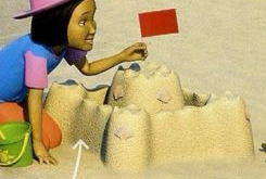 Picture 3: a girl making a sandcastle