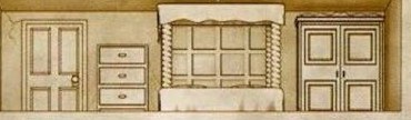 A room with a chest of drawers, a window and two doors