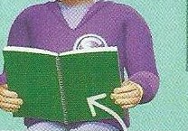 A girl in a purple top reading a green book