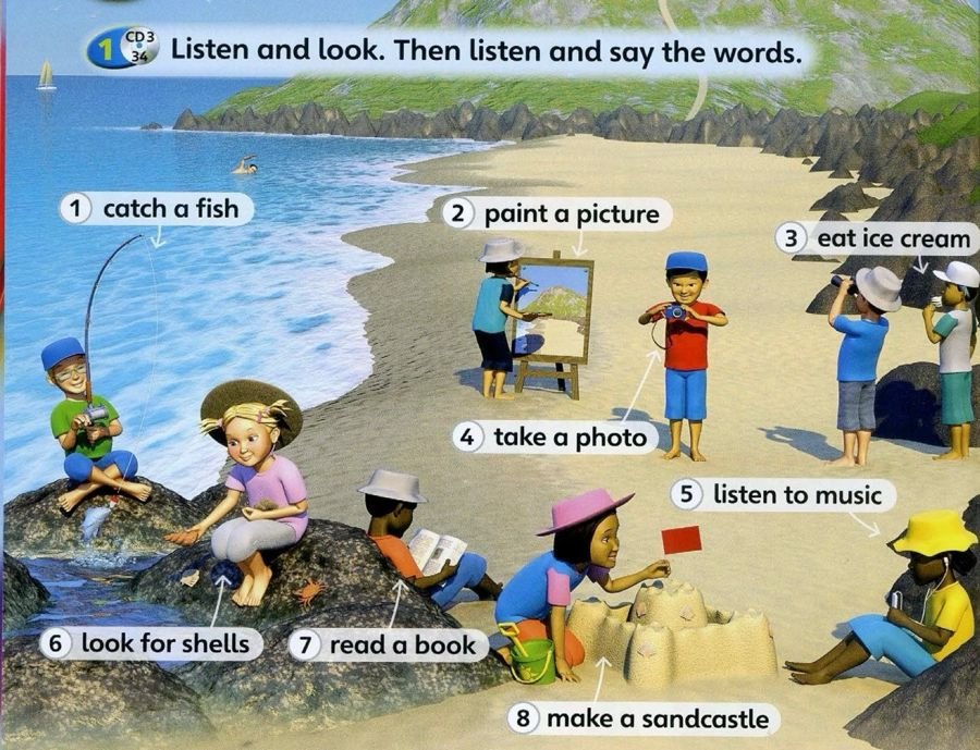A beach with children: one catches a fish, one paints a picture, one eats ice cream, one takes a photo, one listens to music, one looks for shells, one reads a book and one makes a sandcastle.