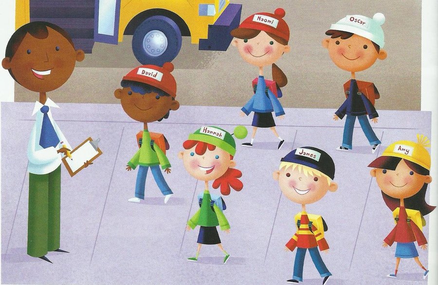 A teacher with a clipboard and six children walking to a bus. Each child has a name on a cap: Naomi (red cap), Oscar (white cap), David (red cap), Hannah (green cap), James (dark cap) and Amy (yellow cap, red top, blue skirt).