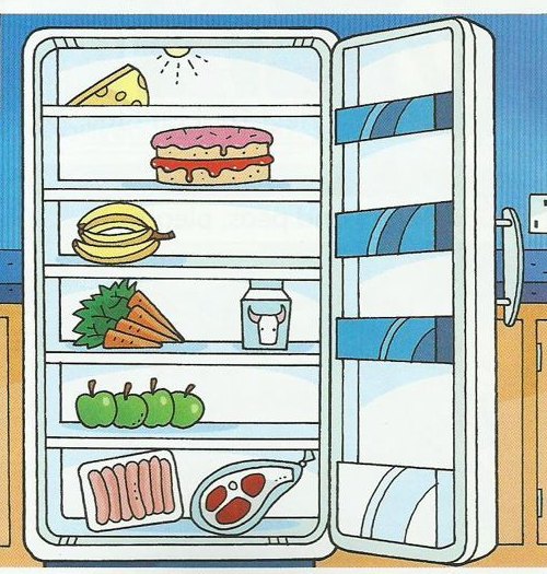 An open fridge. From top to bottom: cheese, a cake, bananas, carrots and a carton of milk, four green apples, sausages and a piece of meat