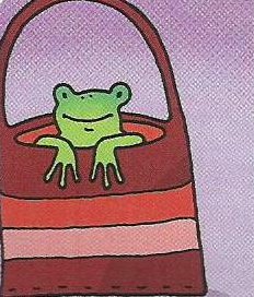 A green frog in a red bag