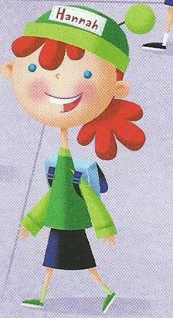 A girl called Hannah with red hair, a green cap, a green top, a black skirt and green shoes