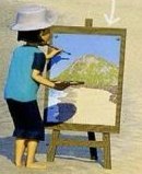 A boy in a white hat painting a picture of the beach on an easel