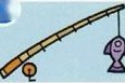A fishing rod with a purple fish on the line