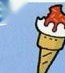 An ice cream cone with red sauce on top