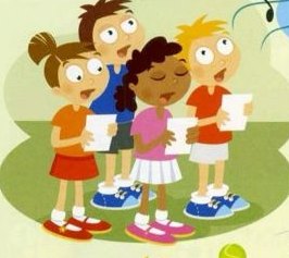 Four children standing together and singing from sheets of paper