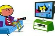 A girl sitting on a blue sofa with a remote control, watching a television