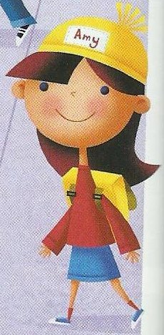A girl called Amy with a yellow cap, a red top and a blue skirt