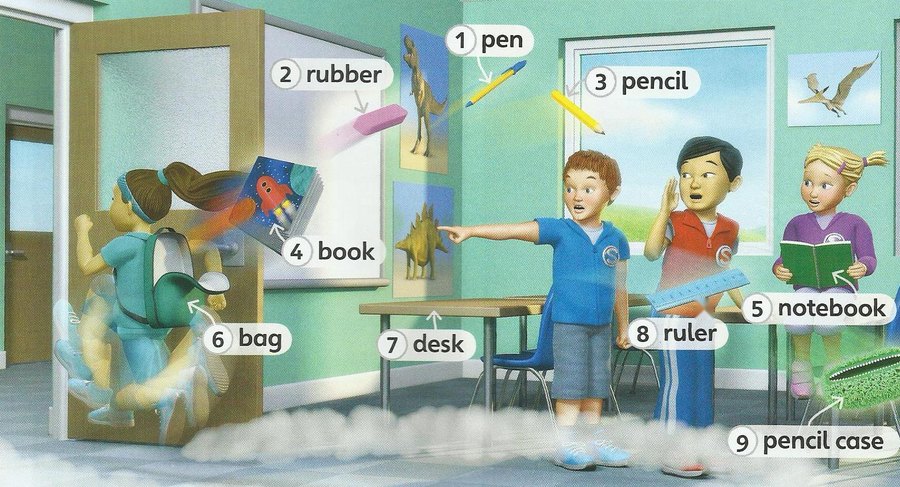 A classroom with nine numbered things: 1 pen, 2 rubber, 3 pencil, 4 book, 5 notebook, 6 bag, 7 desk, 8 ruler and 9 pencil case. A girl in a purple top holds a green notebook.