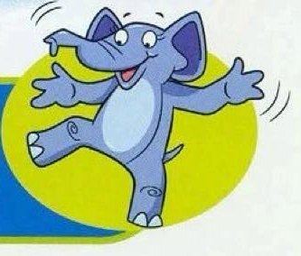 A blue cartoon elephant standing on one leg