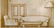A room with a sofa, an armchair, a table, a door and a lamp