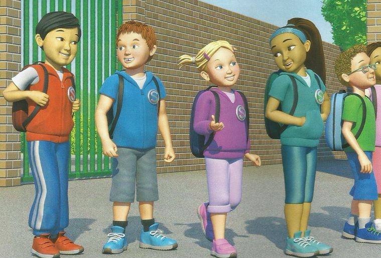 Four Super Friends with school bags: a boy in a red jacket, a boy in a blue top, a girl in purple and a girl in teal