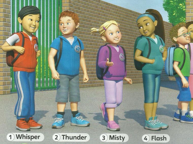 Four children with school bags: Whisper in a red jacket, Thunder in a blue top, Misty in purple and Flash in teal