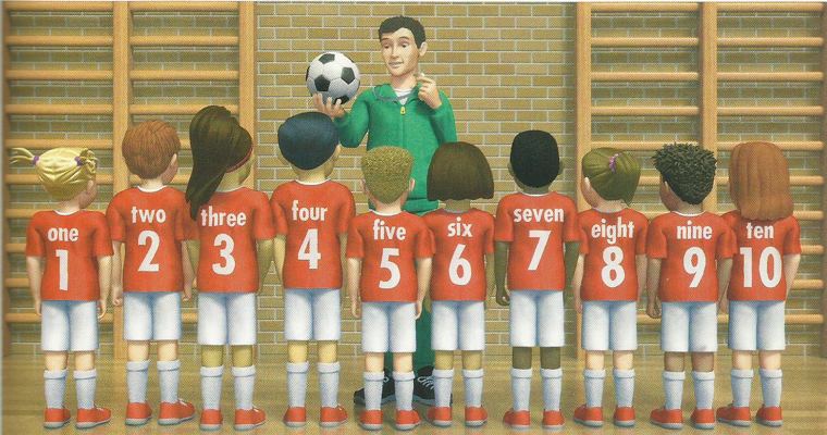 Ten children in red shirts numbered one to ten
