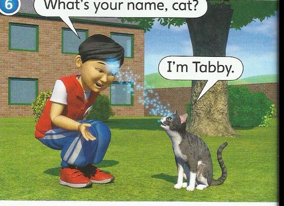 Whisper kneels and talks to a grey cat; the cat says I'm Tabby