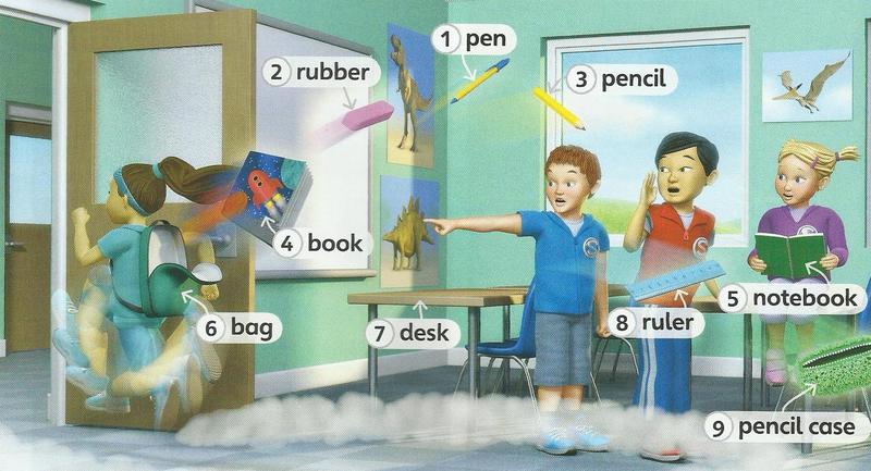 A classroom with nine labelled objects: 1 pen, 2 rubber, 3 pencil, 4 book, 5 notebook, 6 bag, 7 desk, 8 ruler, 9 pencil case