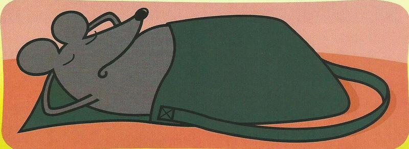 A grey rat asleep in a black bag