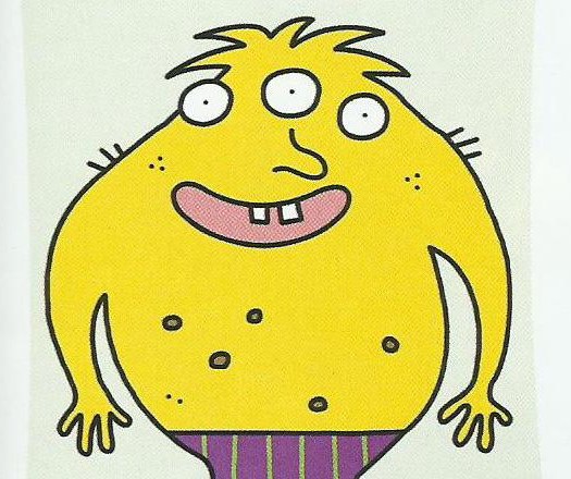 A drawing of a yellow monster with three eyes and a big smile