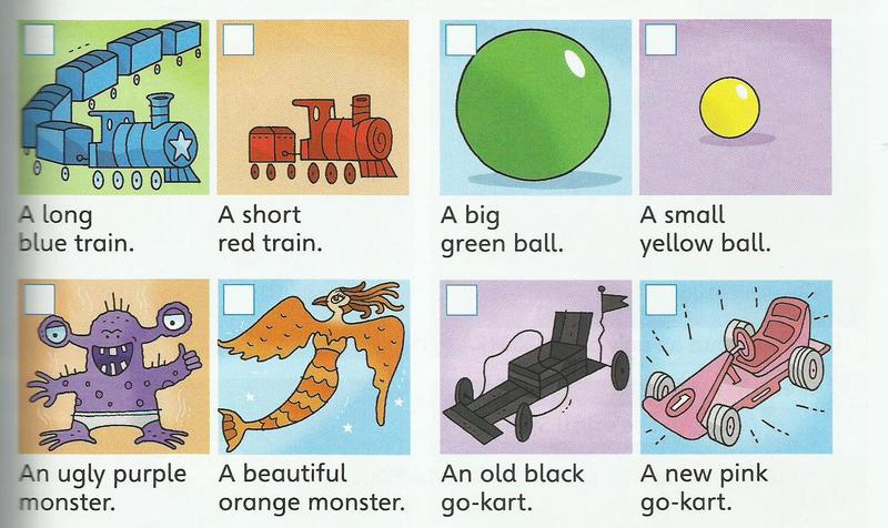 Eight pictures: a long blue train, a short red train, a big green ball, a small yellow ball, an ugly purple monster, a beautiful orange monster, an old black go-kart and a new pink go-kart