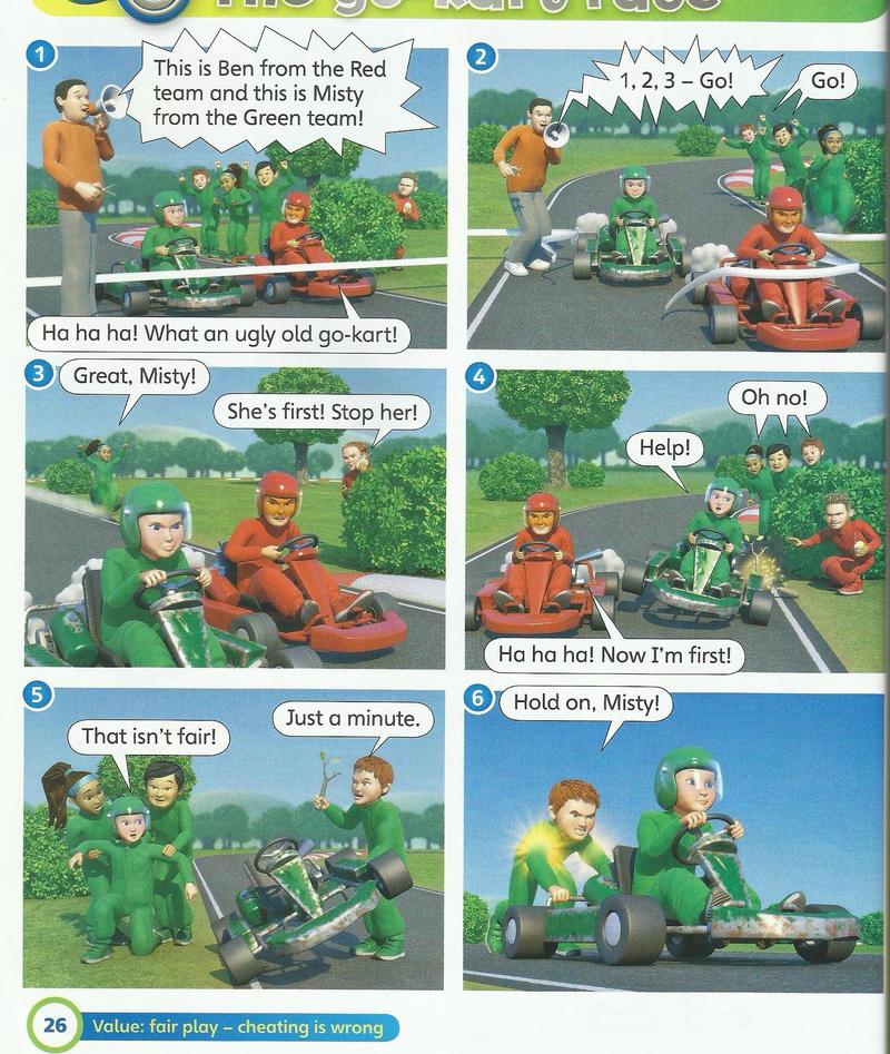 Six comic pictures of a go-kart race between the Red team and the Green team; the Green team's Misty cheats and the others say it isn't fair