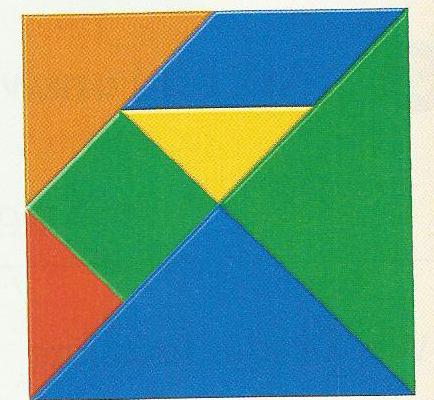 A tangram: a square made from seven coloured shapes, orange, blue, green, yellow and red