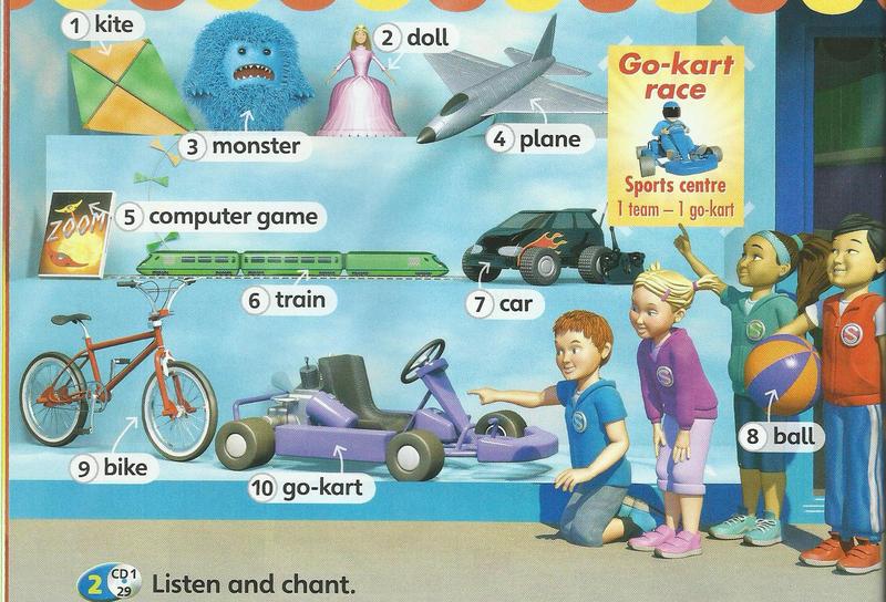 A toy shop scene with a kite, a doll, a monster, a plane, a computer game, a train, a car, a bike, a ball and a go-kart, each with a label