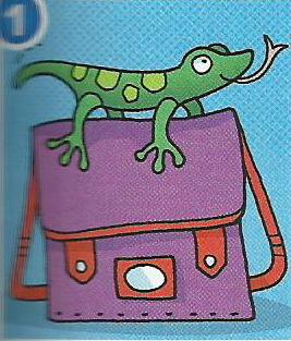A green lizard on top of a purple school bag