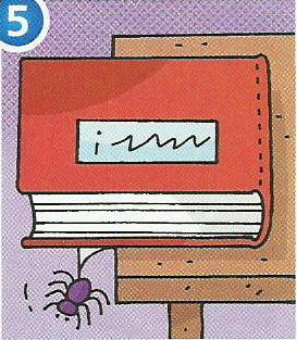 A purple spider hanging below a red book