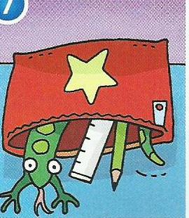 A green frog hiding under a red pencil case with a star